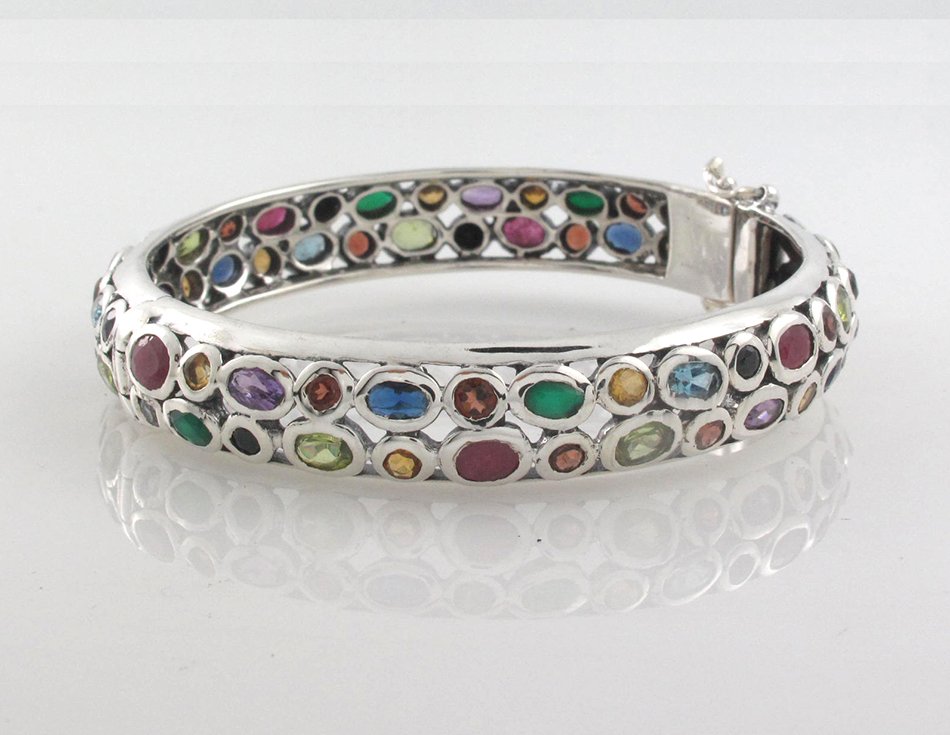Two Row Gemstone Multcolor Marcasite 925 Sterling Silver Bangle Round Band