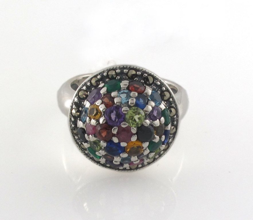 Multi Color Gemstone Round Ball Cluster Stone Cocktail 925 Sterling Silver Ring
