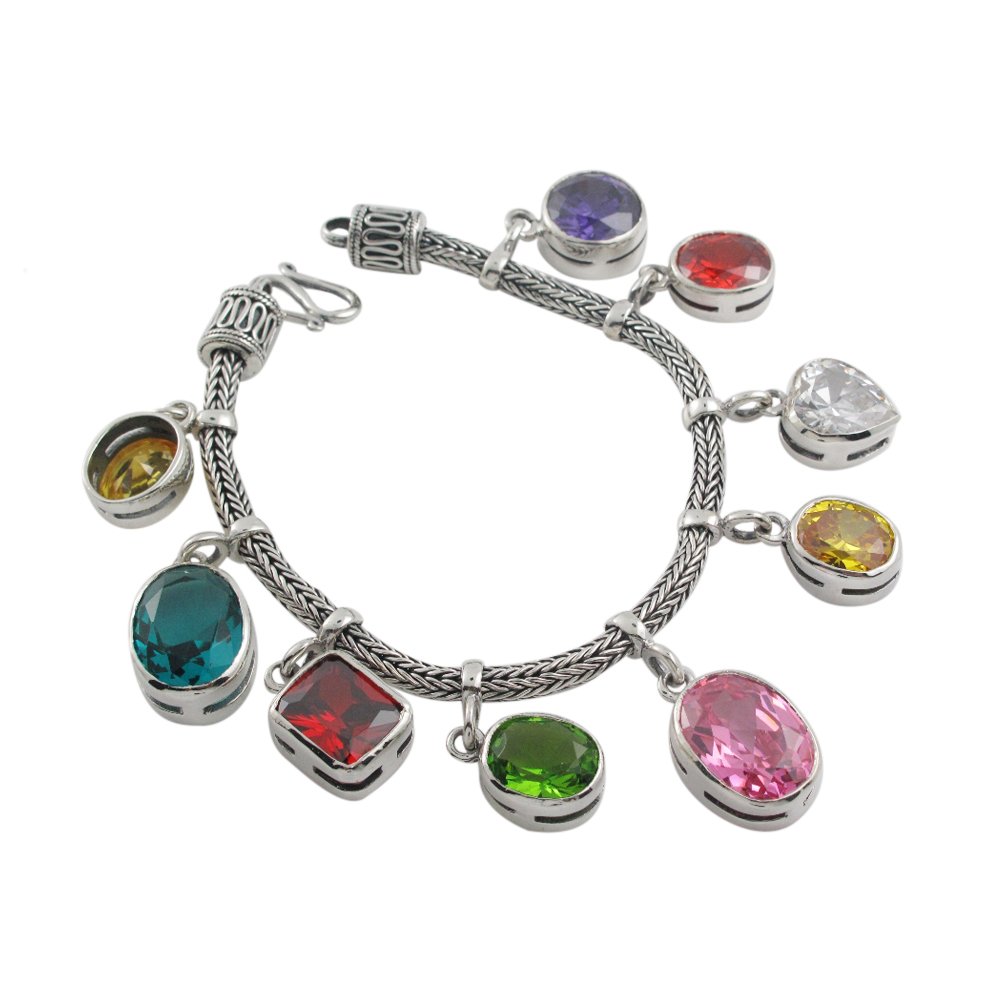 4mm Multicolor Glass Stone Braid Chain Dangle 925 Sterling Silver Bracelet
