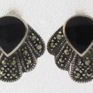 Fan Seashell Black Onyx Marcasite 925 Sterling Silver Stud Earrings