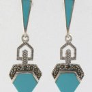 Turquoise Diamond Taper Marcasite 925 Sterling Silver Drop Earrings