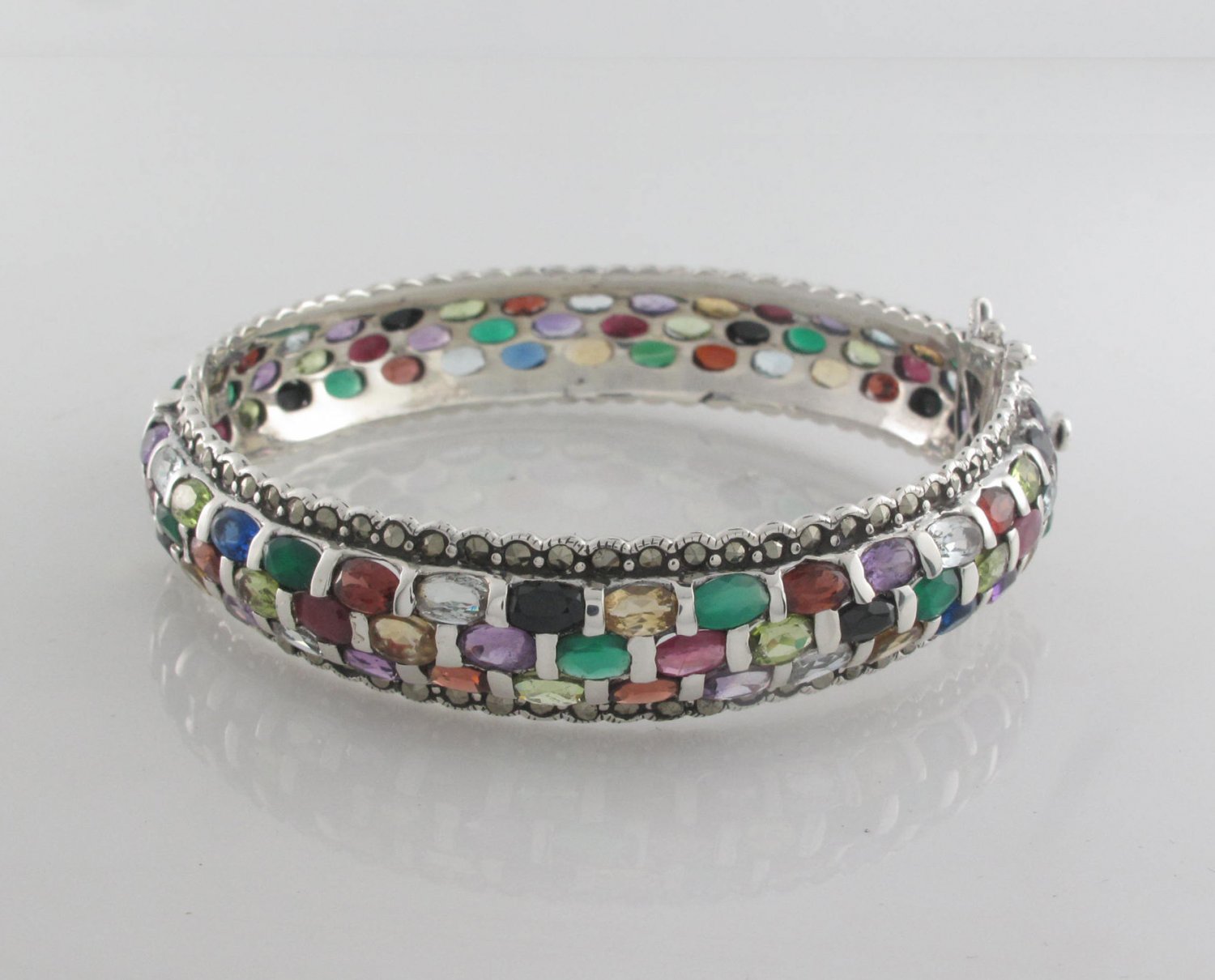 Square Cluster Multicolor Marcasite 925 Sterling Silver Bangle Round Bracelet