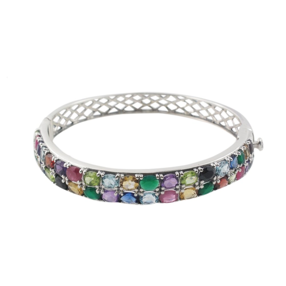 6.5" Two Row Oval Multicolor Gemstone 925 Sterling Silver Bangle