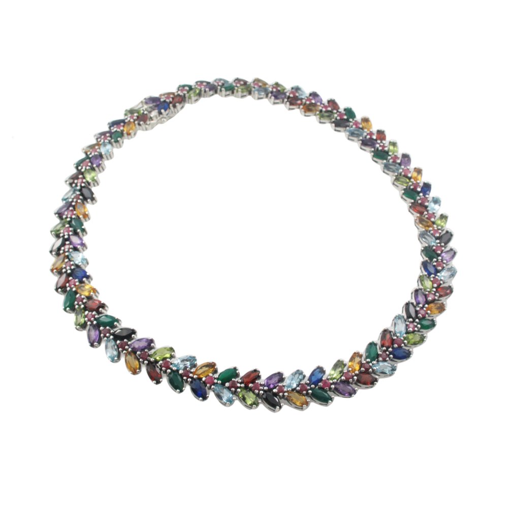 Laurel Wreath Vine Leaf Branch Multicolor Gemstone 925 Sterling Silver Necklace