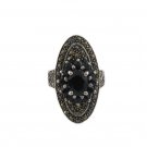 Black Onyx Oval Marcasite Statement 925 Sterling Silver Ring