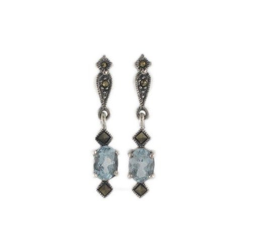 Rectangle Stone Dangle Vintage Marcasite 925 Sterling Silver Earrings