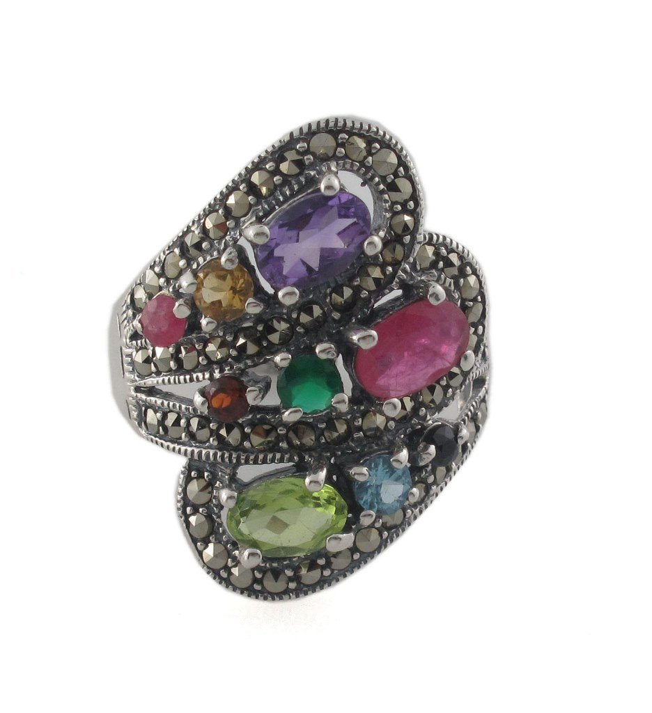 Multi Color Gemstone Wrap Statement Cocktail 925 Sterling Silver Ring