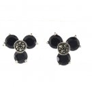 Round Petal Onyx Flower Marcasite 925 Sterling Silver Earrings