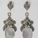 Inlay Stone Oval Drop Marcasite 925 Sterling Silver Stud Earrings