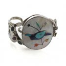 6.5" Humming Bird Filigree Paint MOP Gemstone Sterling Silver Cuff Bracelet