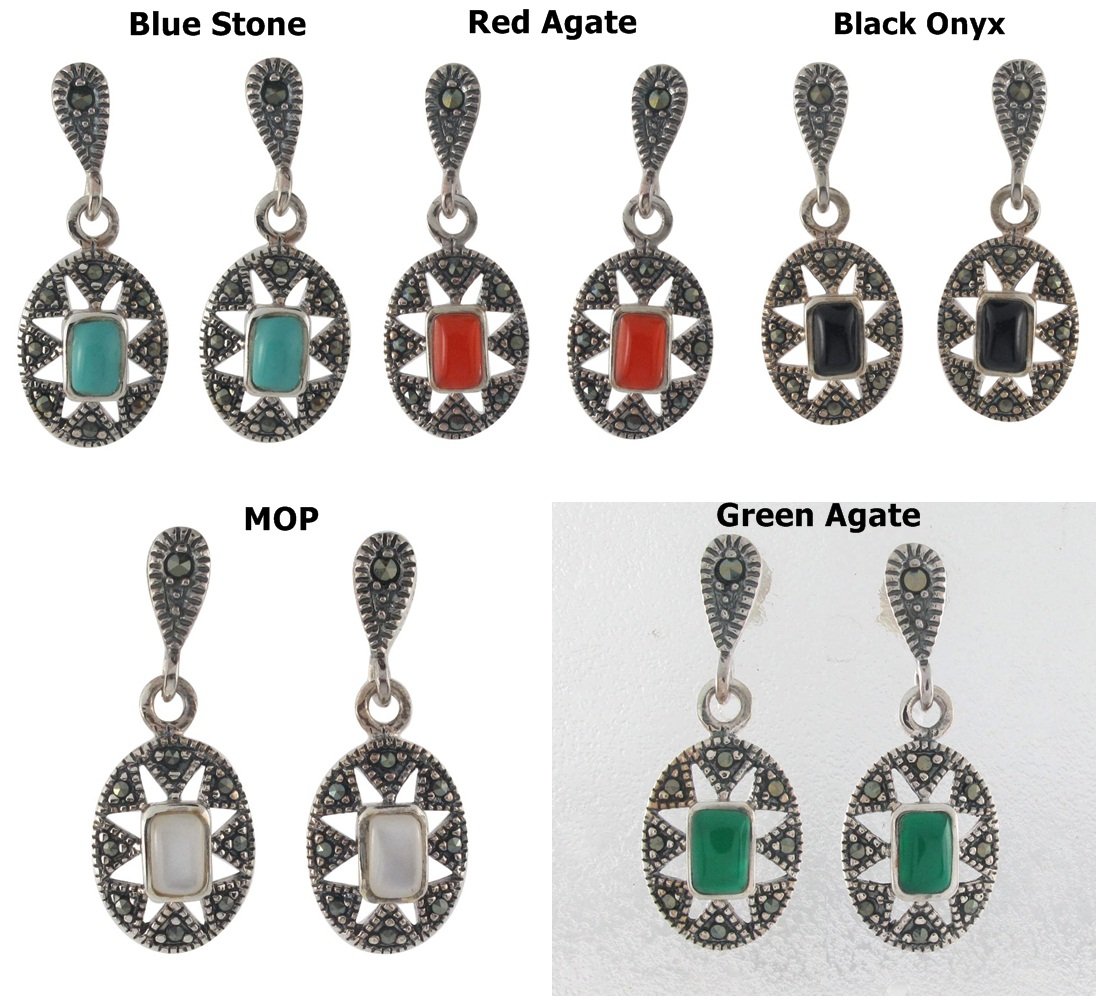 Oval Star Dangle Marcasite Stone 925 Sterling Silver Earrings