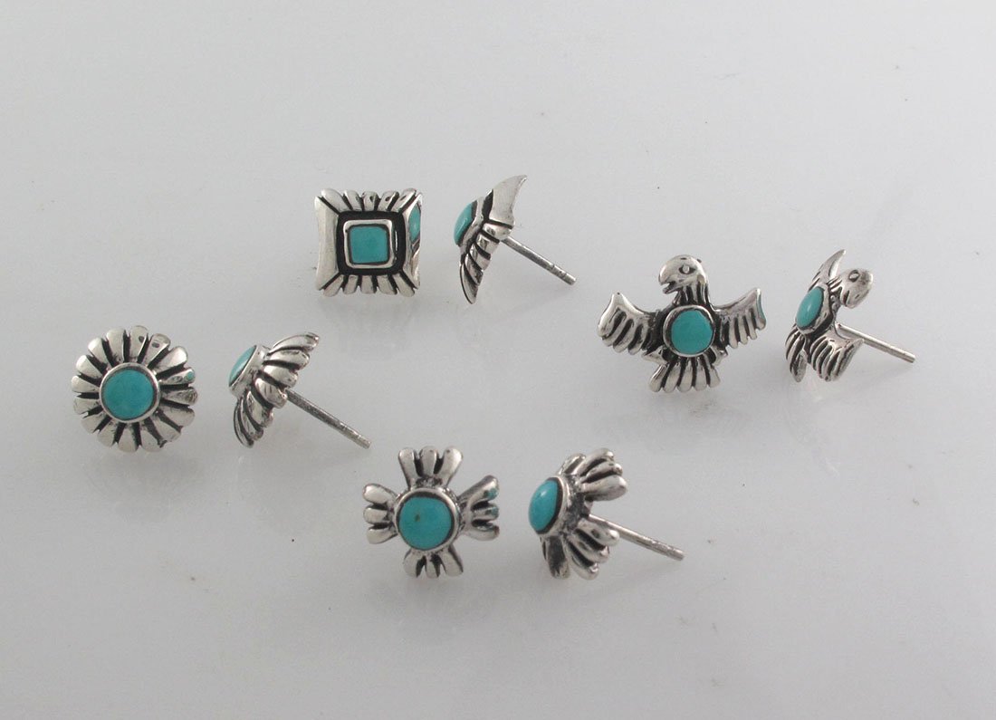 Eagle Bird Button Iron Cross Square Blue Stone 925 Sterling Silver Stud Earrings