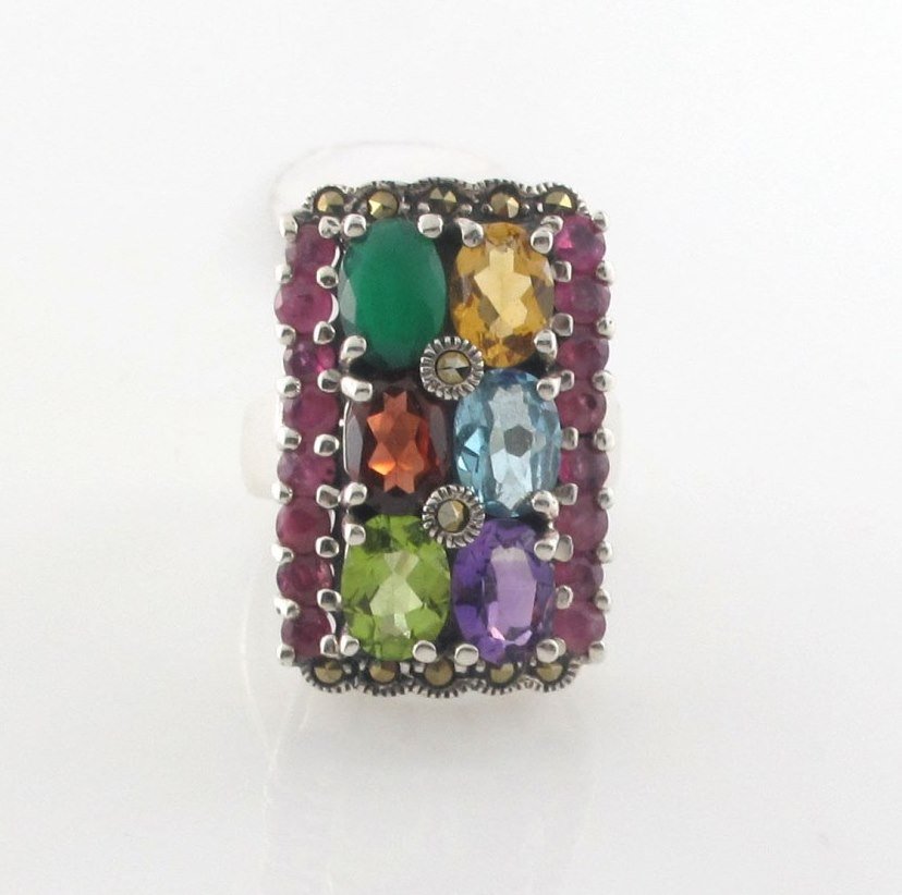 Multi Color Gemstone Ruby Rectangle Marcasite Cocktail 925 Sterling Silver Ring