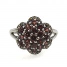 Round Flower Cluster Red Garnet Marcasite 925 Sterling Silver Ring