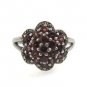 Round Flower Cluster Red Garnet Marcasite 925 Sterling Silver Ring