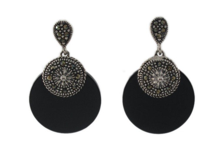 Circle Round Black Onyx DIsc Marcasite 925 Sterling Silver Earrings Vintage