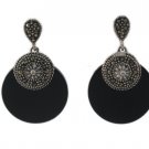 Circle Round Black Onyx DIsc Marcasite 925 Sterling Silver Earrings Vintage