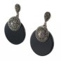Circle Round Black Onyx DIsc Marcasite 925 Sterling Silver Earrings Vintage