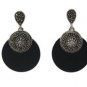 Circle Round Black Onyx DIsc Marcasite 925 Sterling Silver Earrings Vintage