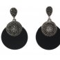 Circle Round Black Onyx DIsc Marcasite 925 Sterling Silver Earrings Vintage
