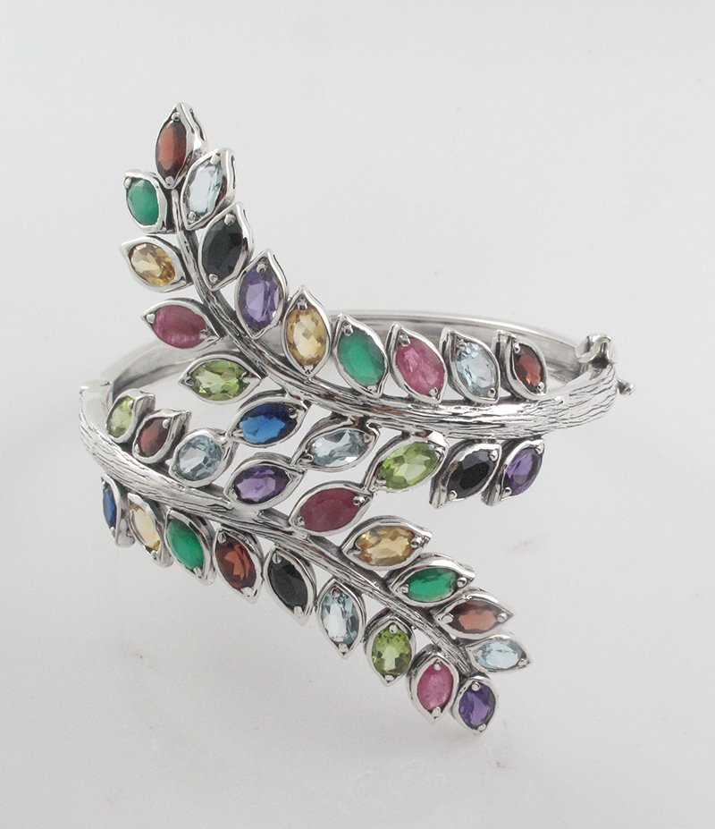Fern Olive Leaf Wrap Multicolor Gemstone 925 Sterling Silver Bangle Statement
