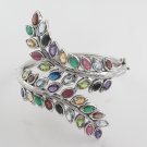 Fern Olive Leaf Wrap Multicolor Gemstone 925 Sterling Silver Bangle Statement