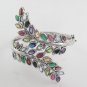 Fern Olive Leaf Wrap Multicolor Gemstone 925 Sterling Silver Bangle Statement