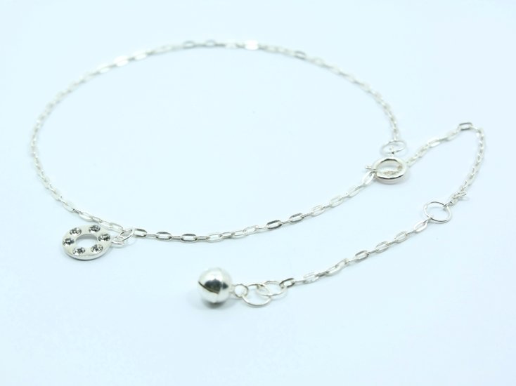 9.5" White Donut Round Circle Crystal Sterling Silver Chain Bell Anklet Bracelet