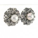White Bead Flower Vintage Marcasite 925 Sterling Silver Stud Earrings