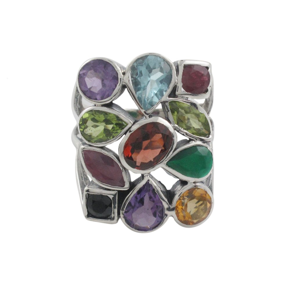 Muticolor Cluster Gemstone Multi Shape 925 Sterling Silver Ring