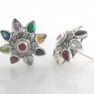 Blossom Flower Marcasite Multicolor Gemstone 925 Sterling Silver Stud Earrings