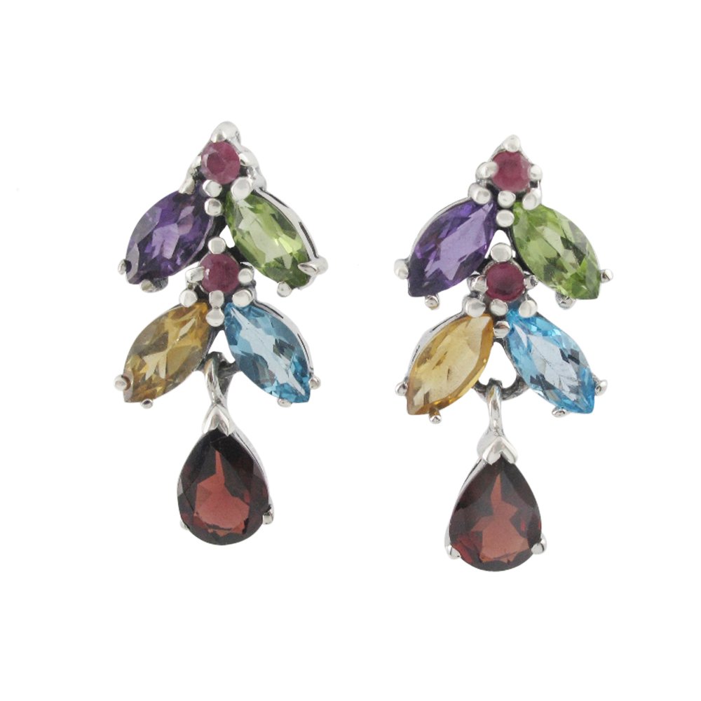 Dangle Garnet Multicolor Stone Grape Fruit 925 Sterling Silver Earrings