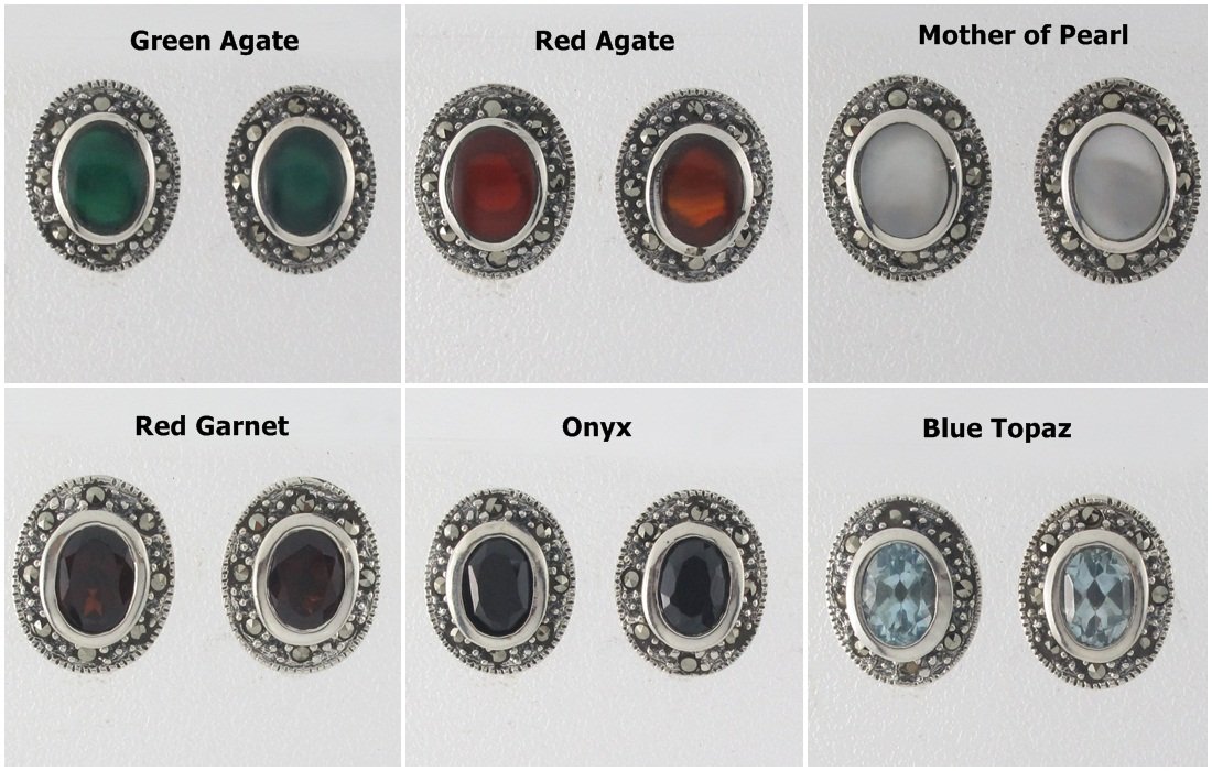 Oval Gem Stone Button Marcasite 925 Sterling Silver Stud Earrings