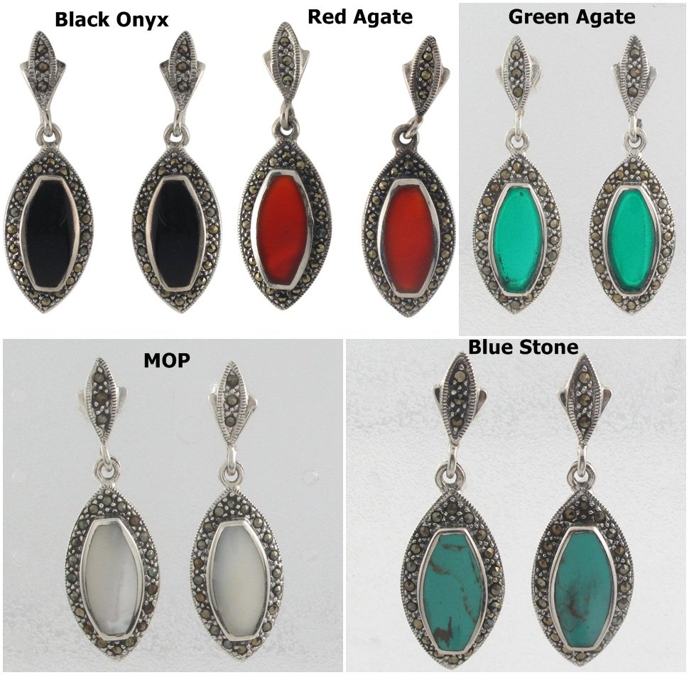 Oval Stone Inlay Dangle Marcasite 925 Sterling Silver Earrings
