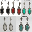 Oval Stone Inlay Dangle Marcasite 925 Sterling Silver Earrings