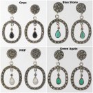 Stone Circle Oval Marcasite 925 Sterling Silver Drop Earrings