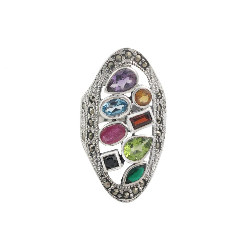 Oval Marcasite Multicolor Cluster Shape Gemstone 925 Sterling Silver Ring
