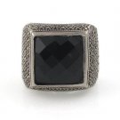 Square Black Onyx Marcasite Cocktail 925 Sterling Silver Ring
