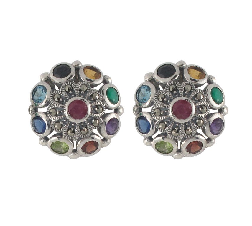 Round Flower Multi Color Stone Marcasite 925 Sterling Silver Clip-on Earrings