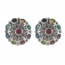 Round Flower Multi Color Stone Marcasite 925 Sterling Silver Clip-on Earrings