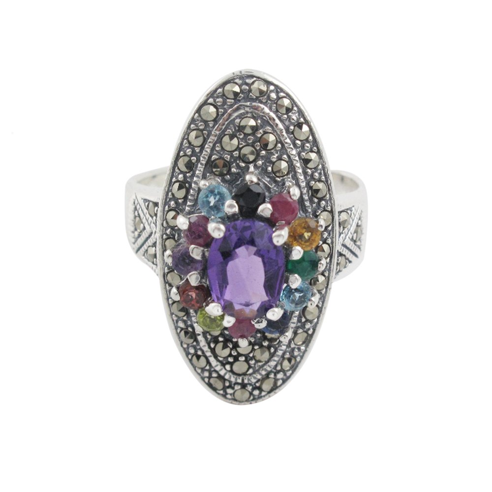 Oval Marcasite Amethyst Cluster Multicolor Gemstone 925 Sterling Silver Ring