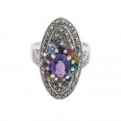 Oval Marcasite Amethyst Cluster Multicolor Gemstone 925 Sterling Silver Ring