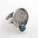 Indian Coin Turquoise Stone Tribal 925 Sterling Silver Ring Black Oxidized