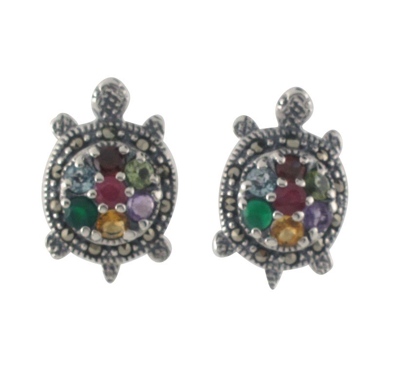 Turtle Animal Marcasite Multi Color Stone 925 Sterling Silver Stud Earrings