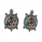 Turtle Animal Marcasite Multi Color Stone 925 Sterling Silver Stud Earrings