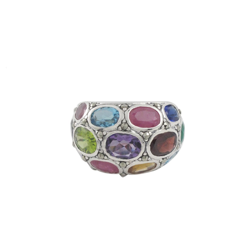 Oval Cluster Multicolor Gemstone Round Band Marcasite 925 Sterling Silver Ring