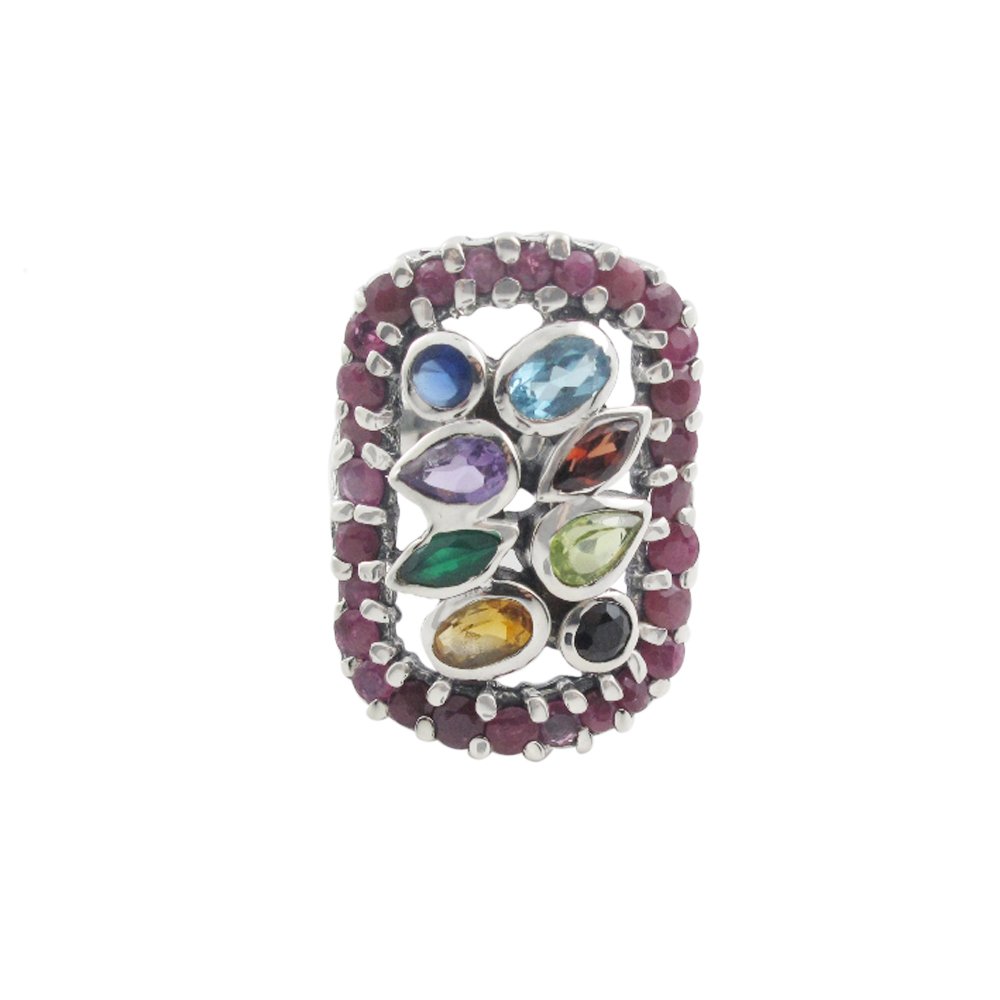 Rectangle Ruby Marquise Cluster Multicolor Gemstone 925 Sterling Silver Ring