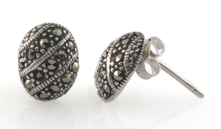 Egg Oval Half Ball Marcasite 925 Sterling Silver Stud Earrings