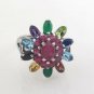 Multi Color Gemstone Flower Blossom Marcasite Cocktail 925 Sterling Silver Ring