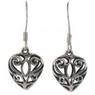 Filigree Heart Dangle 925 Sterling Silver Earrings Black Oxidized
